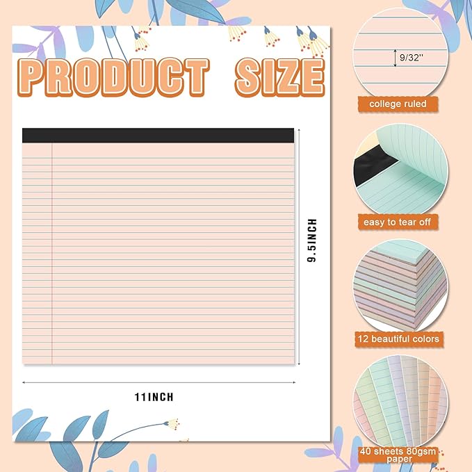 Lincia 12 Pcs 11" x 9.5" Legal Pads College Ruled Notepad Landscape Notebook Horizontal Lined Notebook 80 Gsm Assorted Colors Paper Pastel Writing Pads for School Office, 40 Sheet (Macaron Color)