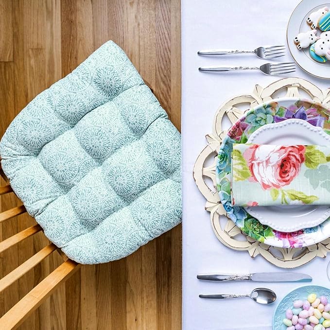 Barnett Home Decor Dining Chair Cushions with Ties – Size Medium 16.5 x 18 - Latex Foam Fill, 100% Cotton, Machine Washable Chair Pads for Kitchen Chairs, Made in USA (Tibet Spa/Pack of 2)