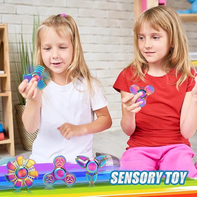 7 Pack Rainbow Fidget Spinners Pack Stress Relief Toys for Kids Adults, Finger Hand Spinner Metal Fidget Bulk Set Desk Toy for Anti-Anxiety Focus, Cool Small Gadget Novelty Gifts Party Favor