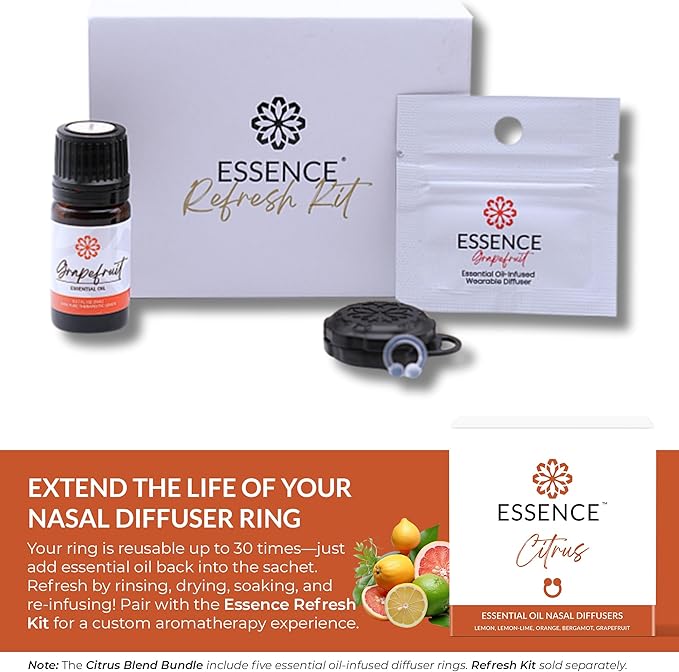 Essence Nasal Diffuser Citrus Bundle – Essential Oil Silicone Nose Rings for Mood, Energy & Positivity – Wearable Aromatherapy Pack with Lemon, Orange, Grapefruit & Bergamot