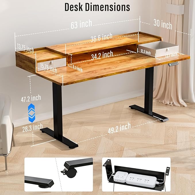 Kingant 63" x 30" Standing Desk with Drawers, Large Desktop, Ergonomic Sit Stand Desk for Home Office Work, Cable Management, 3 Preset Heights & 2 Hooks, Light Rustic