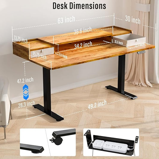 Kingant 63" x 30" Standing Desk with Drawers, Large Desktop, Ergonomic Sit Stand Desk for Home Office Work, Cable Management, 3 Preset Heights & 2 Hooks, Light Rustic