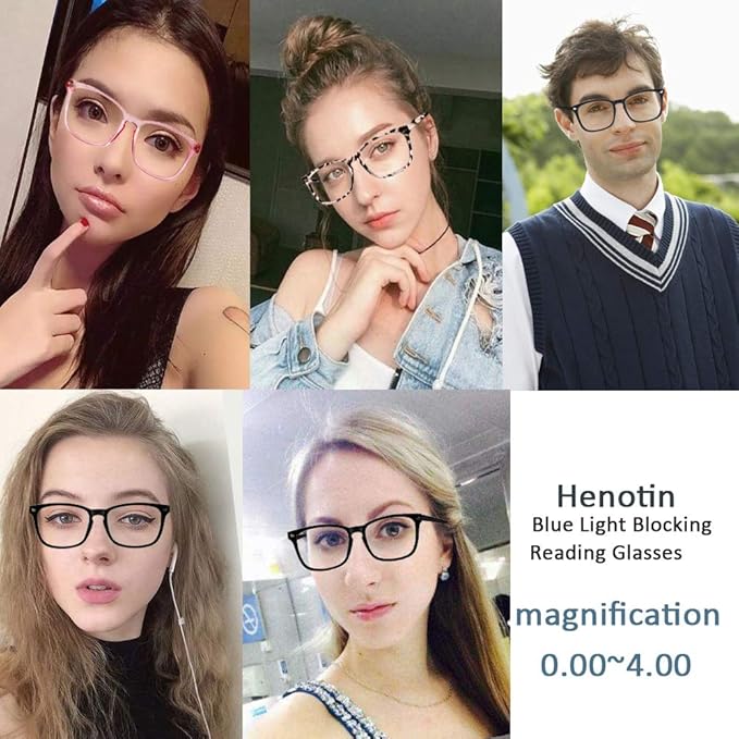 Henotin 4-Pack Blue Light Blocking Reading Glasses Women Men,Spring Hinge Computer Readers,Anti UV Ray Square Nerd Eyeglasses (Mixed Color, 1.75, Diopters)
