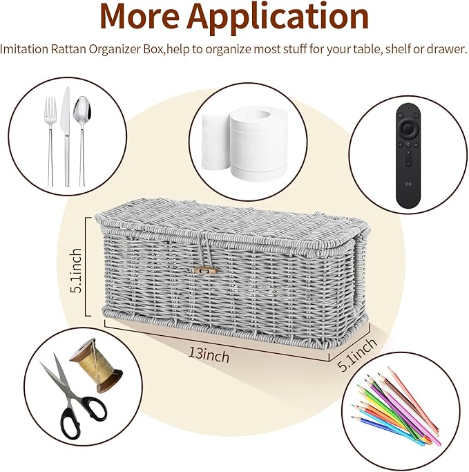 Cable Management Box, Woven Rattan Cord Hider With Lid & Button Lock, Floor Cord Holder for Power Strip USB Hub, Boho Desk Wicker Wires Storage Cable Organizer Box(grey)