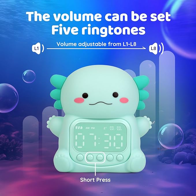 Axolotl Alarm Clock with Night Light for Kids, Rechargeable Silicone Lamp Time to Wake Clock Cute Animal Tabletop Lamp, Perfect Sleep Companion for Boys Girls, Green