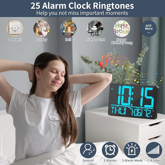 13" Digital Wall Clock Large Display with Remote, 25 Ringtones, Temperature, Calendar, 0-100% Auto or Custom Brightness, 12/24H, DST, Timer, for Living Room, Kitchen, Bedroom, Elderly(Blue)