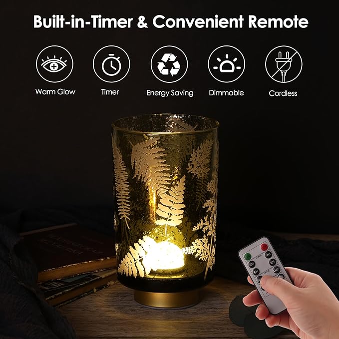 Eywamage Large Battery Operated Glass Table Lamp, Boho Green Ferns Leaves Mood Light with Remote, Cordless Bedside Accent Lamp Room Decor