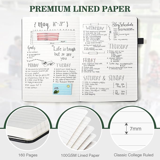 Lined Journal Notebook, 3 Pack A5 College Ruled Notebooks for Work, Hardcover Notebook Each with 2 Pockets & Pen, Leather Journal for Women, Men, 160 Pages, 100GSM Thick Paper ( Green 5.7" x 8.3" )