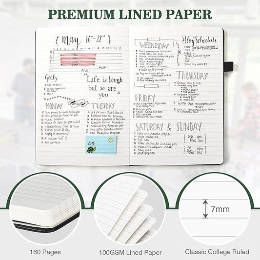 Lined Journal Notebook, 3 Pack A5 College Ruled Notebooks for Work, Hardcover Notebook Each with 2 Pockets & Pen, Leather Journal for Women, Men, 160 Pages, 100GSM Thick Paper ( Green 5.7" x 8.3" )