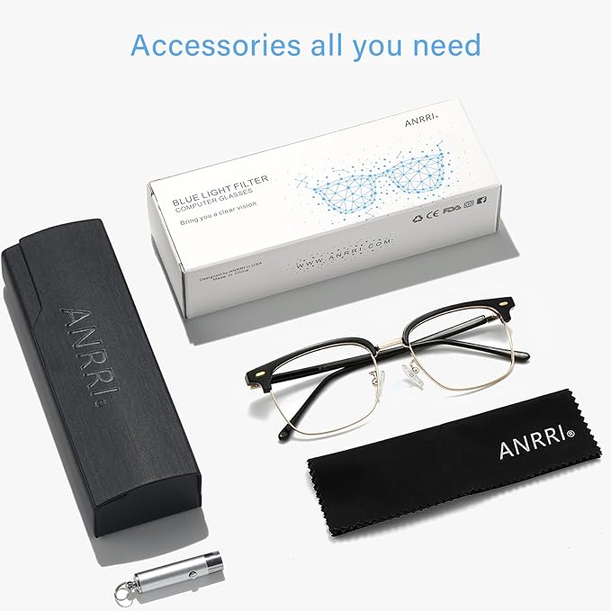 ANRRI Blue Light Glasses for men Metal Browline Frame UV 400 Protection Clear Lens Anti Eyestrain Computer Gaming Glasses