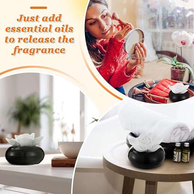 Honeydak 2 Pcs Flower Essential Oil Diffusers Stones White Ceramic Porcelain Passive Oil Diffusers Improves Sleep and Relieves Stress Non-Electric Handmade Decorative Tabletops for Desk Office Home
