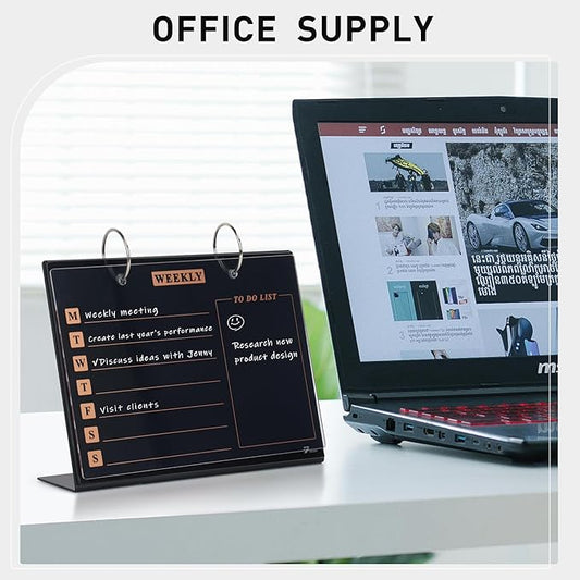 Desktop Glass Dry Erase & Acrylic Aesthetic Desk Calendar Weekly to-do List Combo, Small Magnetic Standing Whiteboard, Desk Flip Easel Calendar with Accessories for Home Office Supply, Black, 9 x 7''