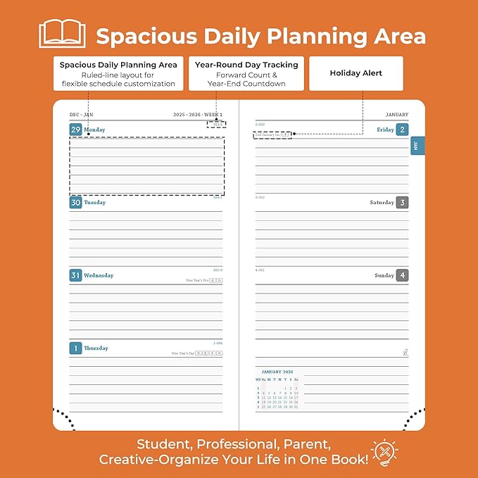 Weekly Monthly 2026 Planner (Jan.26-Dec.26),6.5"x3.75",12 Months Agenda Plan with Month Tabs & Pocket,Expenses/Note Pages, Appointment Book Calendar with Hardcover Vegan Leather Cover,Orange