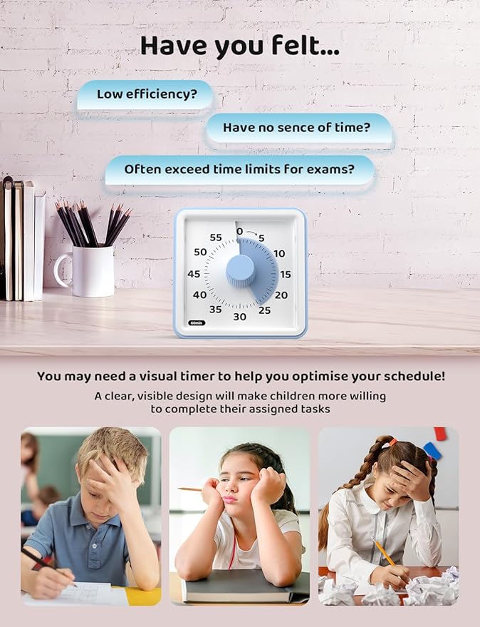 LIORQUE Visual Timer for Kids, 60-Minute Countdown Timers for Classroom Office Kitchen with Silent Operation, Kids Timer for Teaching (Batteries Included)