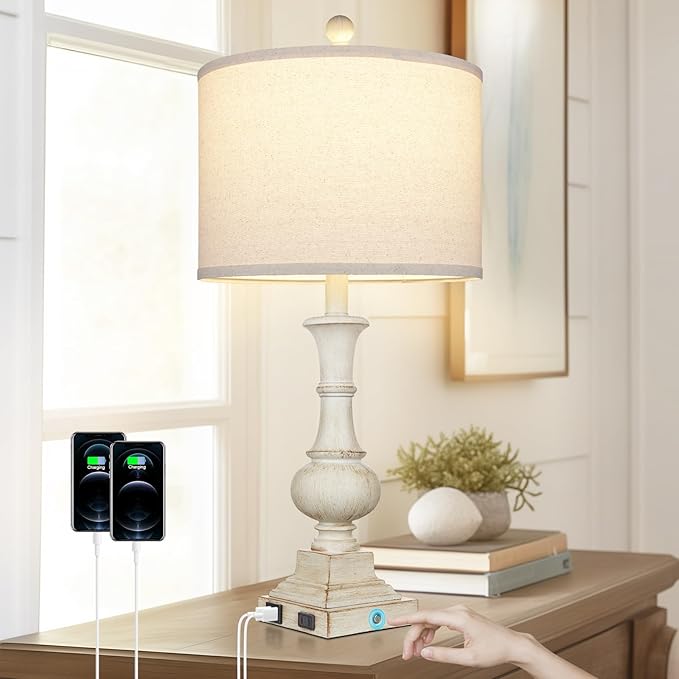 26" Farmhouse Table Lamp, Vintage Rustic Touch Control Bedside Lamp with 2 USB Ports & AC Outlet, Boho Resin 3-Way Dimmable Nightstand Lamp Linen Fabric Shade for Living Room Bedroom End Table White
