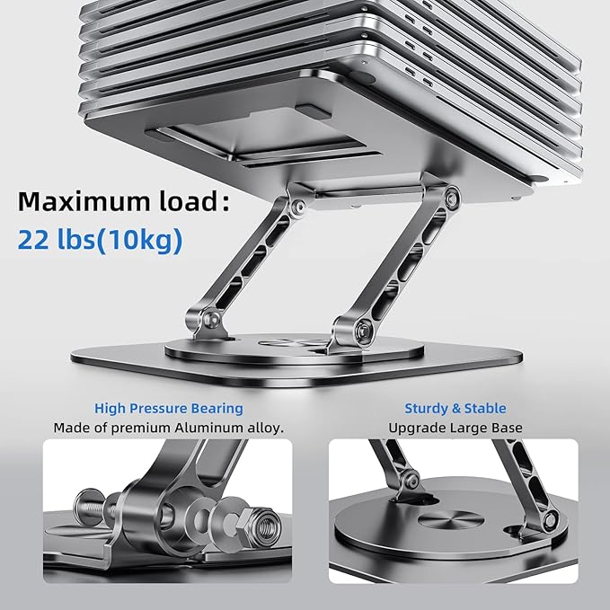 Laptop Stand for Desk, Ergonomic Laptop Riser with 360° Rotating Base, Aluminum Laptop Stand, Adjustable Foldable Laptop Holder Compatible with MacBook Air Pro, Dell XPS, 10-17" Laptops, Grey