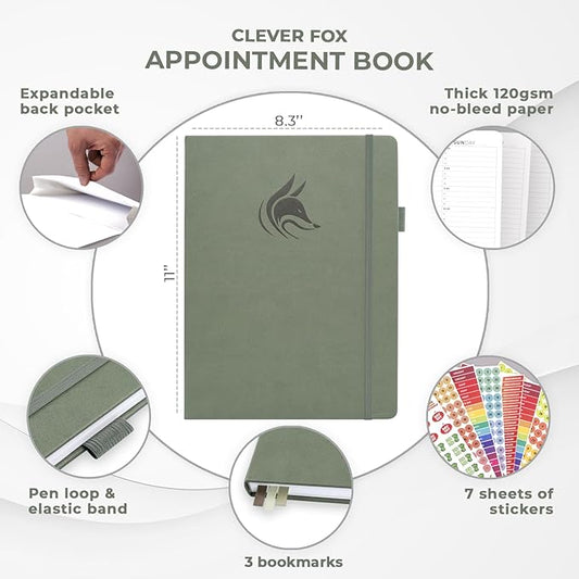 Clever Fox Appointment Book – Hourly Schedule Planner with 15-Minute Increments – Time Box Planner for Daily Work & To-Dos – Weekly & Monthly Spreads, Undated, Hardcover, 8.3x11″ (Cypress)