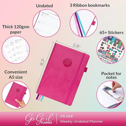 GoGirl Planner and Organizer for Women – A5 Size Weekly Planner, Goals Journal & Agenda to Improve Time Management, Productivity & Live Happier. Undated – Start Anytime, Lasts 1 Year – Hot Pink