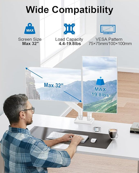Dual Monitor Mount Fits 17 to 32 Inch Computer Screen, Dual Monitor Arm Hold 4.4-19.8lbs Each, Full Motion Monitor Desk Mounts for 2 Monitors, Gas Spring Monitor Stand, VESA Mount, Freelift