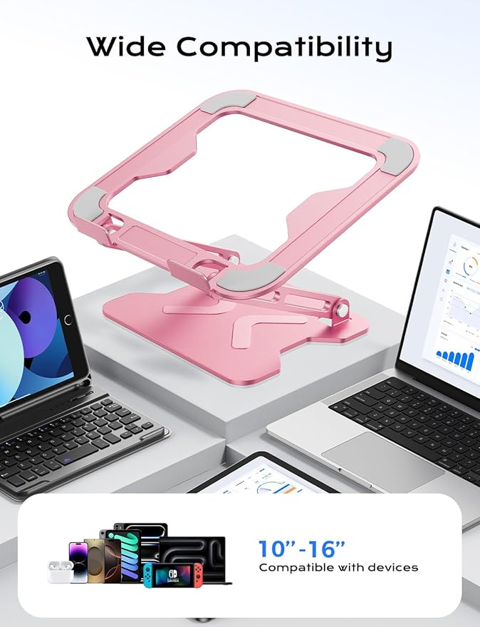 Adjustable Laptop Stand for Desk, Metal Foldable Laptop Riser, Portable Laptop Holder Mount, Ventilated Cooling Computer Notebook Stand for MacBook Air Pro, All 10-16'' Notebooks Laptops, Pink