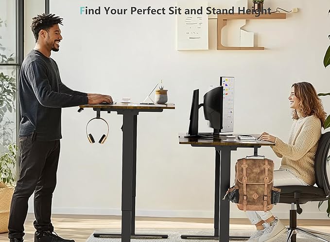 63 x 28 inch Electric Standing Desk Adjustable Height with 4 Wheels, 4 Memory Height Settings, 2 Headphone Hook, for Home Office, Splice Board Brown