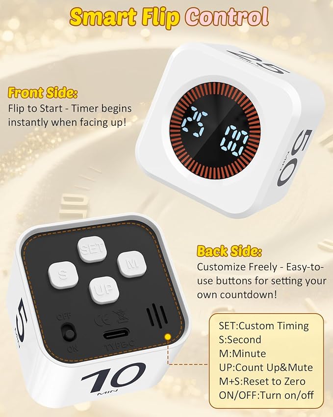 Pomodoro Timer Cube Visual Productivity Flip Timer for Kids Classroom Desk, 5/10/25/50min& Custom Countdown, Silent&Sound Mode Digital Cube for ADHD Study Work School Game Kitchen (White)
