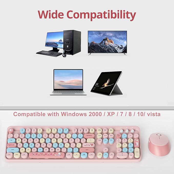 Fogruaden Pink Wireless Retro Typewriter Keyboard, 2.4GHz Full Size Cute Keyboard with Number Pad, Pink Colorful with Retro Round Keycaps for Windows PC Laptop