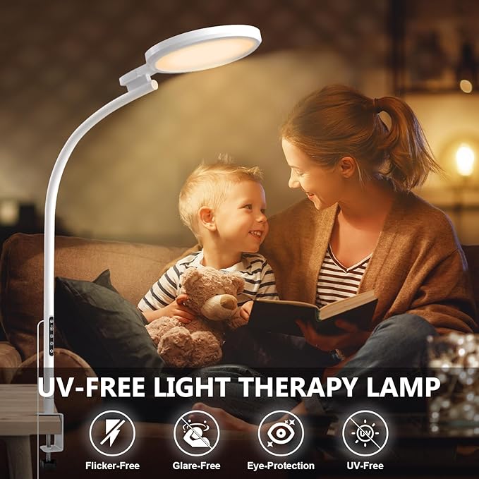 Light Therapy Lamp,10000 Lux UV-Free Sun Lamp, 5 Colors & 5 Brightness Levels Desk Therapy Lamp with Flexible Gooseneck & Remote & Touch Control