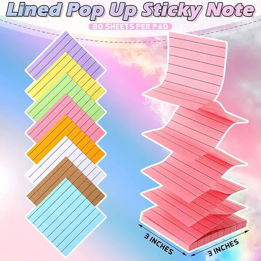 8 Pads Pop up Sticky Notes with Lines 3 x 3 Inches, 8 Pastel Colors Pop up Note Pads Adhesive Lined Sticky Notes Self Stick Notes Pads for Teens Girls Boys Women Office School Desk Supplies