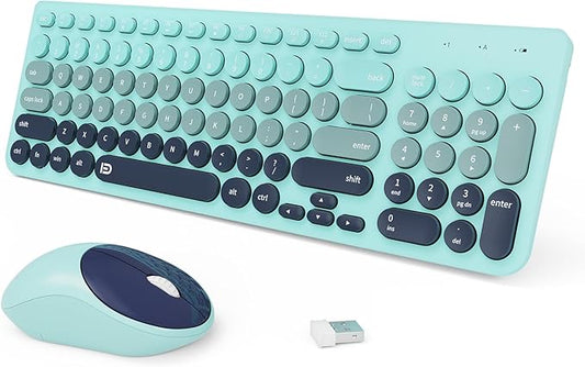 Wireless Keyboards Mouse Combos, Colorful Cute Typewriter Full-Size Retro Round Keycaps, 2.4GHz Cordless Connection Sleep Mode Office Wireless Keyboard and Mouse Set for Desktop Laptop PC Computer
