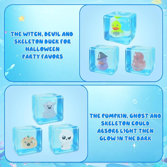 6Pcs Halloween Glow-in-The-Dark Stress Cube Fidget Toys with Resin Duck, Ghost, Pumpkin and Skeleton, Slow Rebound Sensory Toys Stress Balls for Audlts, Halloween Party Favors