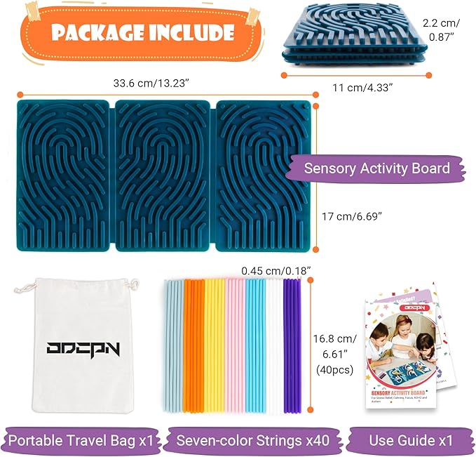 Sensory Activity Board, Six-Sided Silicone Sensory Fidget Toy with 40 Strings for Autism, Stress Relief, Calming, Focus & ADHD, Great for Kids 3+ & Adults with User Guide & Portable Travel Bag