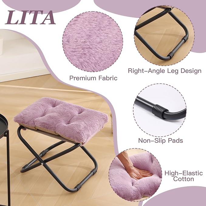 LITA Folding Footrest Stool, Portable Ottoman Foot Rest, Upholstered Small Foldable Ottoman Stool with Detachable Thick Cotton Cushion Padded Sofa Stool for Living Room, Bedroom, Plush Purple