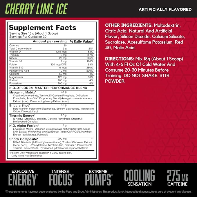 BSN N.O.-XPLODE Cool Rush Pre Workout Powder, Preworkout Energy Supplement for Men and Women with Creatine and Beta-Alanine, New Flavor: Cherry Lime Ice, 30 Servings