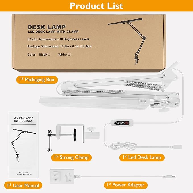 LED Desk Lamp with Clamp, Super Bright Double Head Task Light, 5 Color Modes, 10%~100% Dimmable Brightness, Modern Swing Arm Workbench Light