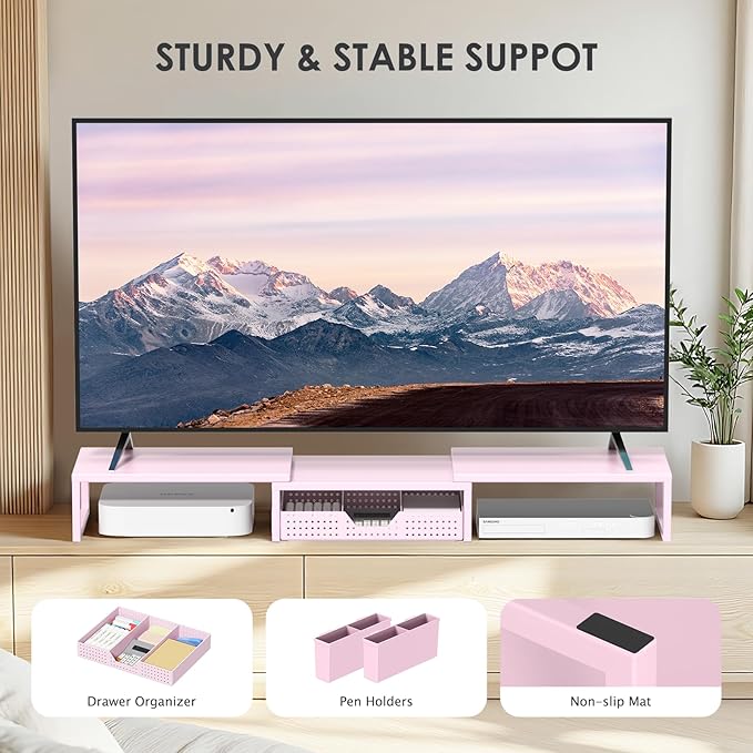 Pink Desk Organizers and Accessories for Women, Dual Computer Monitor Stand Riser with Drawer and 2 Pen Holders, Office Desk Accessories, Workspace Desktop Organization for Office Supplies