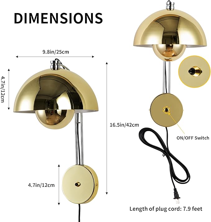 COSYLUX Modern Sleek Plug in Wall Sconce, Hardwired & Corded 2in1 Design Metal Wall Light Fixtures for Bedroom Bedside Reading, Mid-Century Flower Bud Wireless Wall Sconces with Switch, Gold