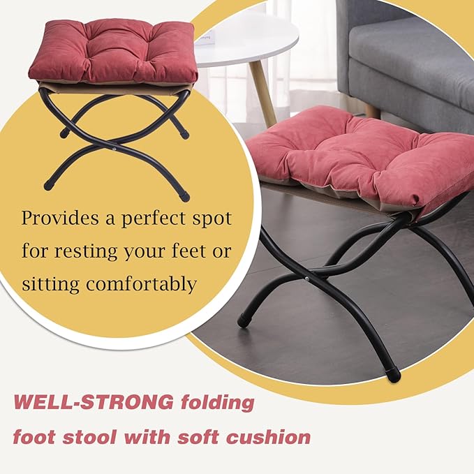 15" Foldable Foot Stool Ottoman with Metal Frame - Washable Red Upholstered Indoor/Outdoor Footrest for Living Room, Bedroom, Patio - Space-Saving Compact Design