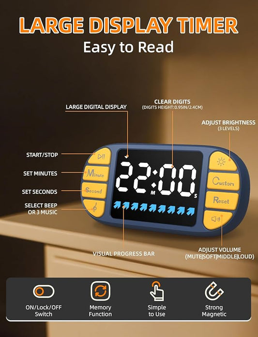 DOOMAY Digital Kitchen Visual Timer: 3.6'' Large LED Display, Magnetic, 3 Brightness, 4 Alarms and Volume, Memory Function, Countdown Count up for Cooking, Classroom, Home Gym, AAA Battery Included