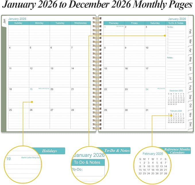 2026 Daily & Monthly Planner - One Page Per Day, Daily Planner from January 2026 - December 2026, Planner 2026 with 12 Monthly Tabs, 8.5" x 11", Green