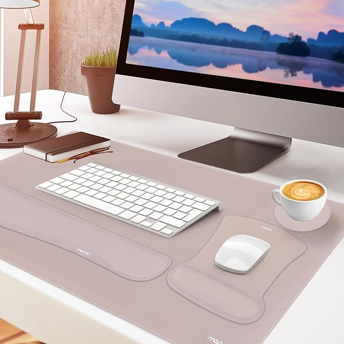 MOSISO Keyboard Mouse Pad Set, Large Gaming Mousepad&Keyboard Wrist Rest&Mouse Wrist Rest&Coaster, Ergonomic Non-Slip Mousepad&Easy Typing Cushion with Memory Foam for Home Office, Taupe Brown