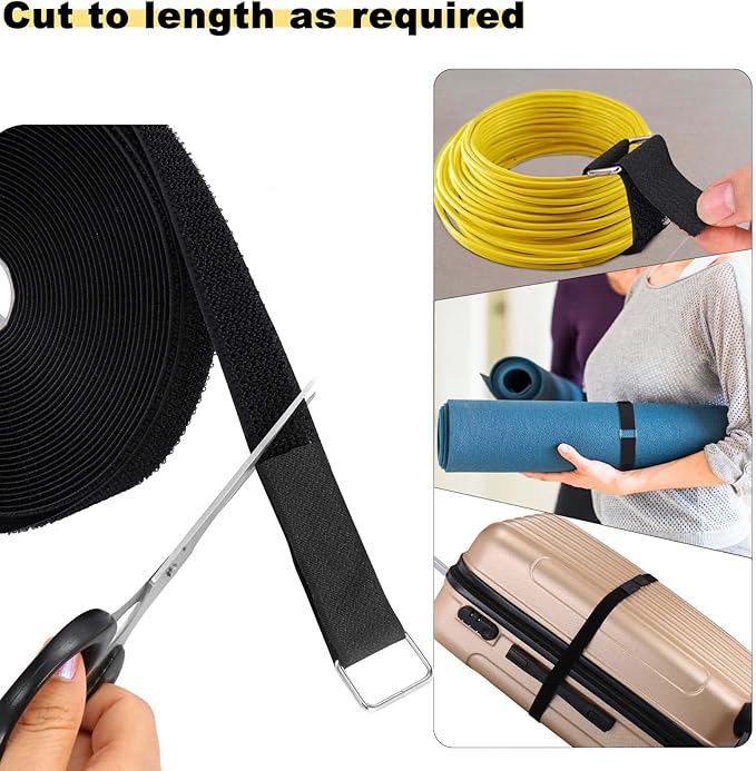 1"x16ft Hook and Loop Straps with 25 Metal Buckles, Adjustable Fastening Cable Straps, Cut-to-Length Cinch Strap, Reusable Nylon Securing Cord Ties for Organizer or Storage, 1 inch Wide, Black