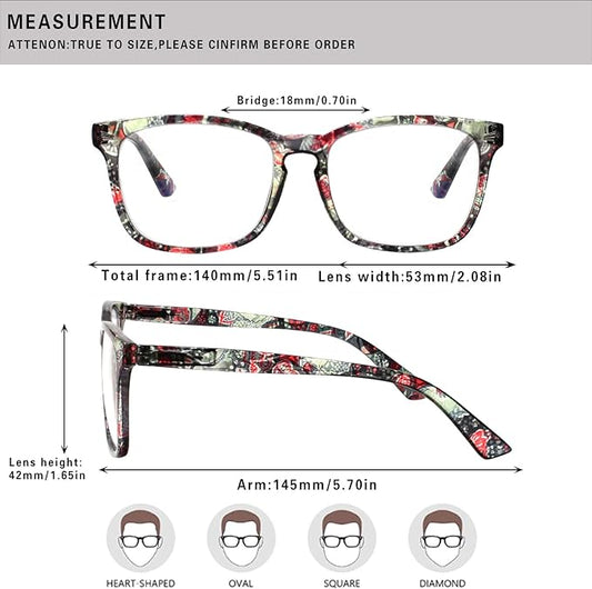 Henotin 4-Pack Blue Light Blocking Reading Glasses Women Men,Spring Hinge Computer Readers,Anti UV Ray Square Nerd Eyeglasses (Ladies Readers with Pattern Print, 1.5, Diopters)