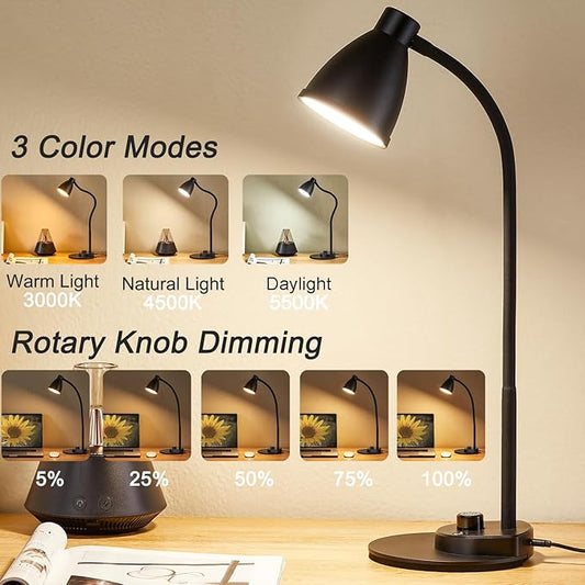 BOHON LED Desk Lamp with USB Charging Port 3 Color Modes Dimmable Reading Light Intelligent Induction Auto Dimming Task Lamp Flexible Gooseneck Table Lamp for Bedside Office, AC Adapter Include