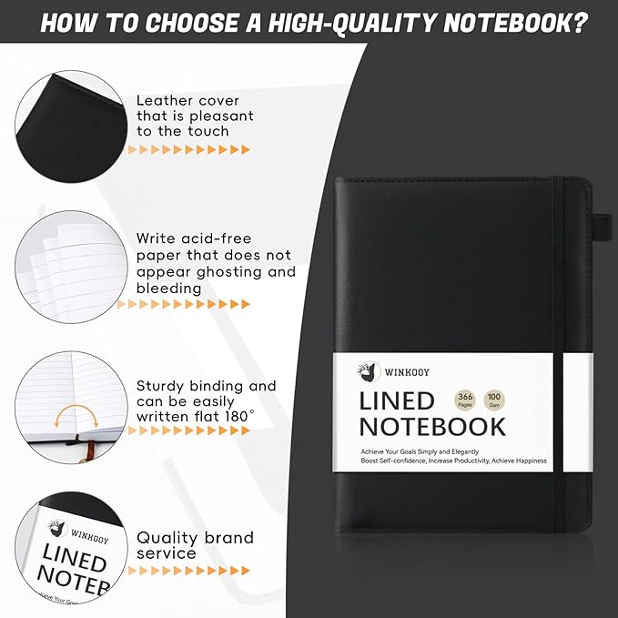 Lined Journal Notebook, 366 Pages, 100Gsm Leather Hardcover Journals for Writing Thick A5 College Ruled Classic Notebook with Pen Loop, Daily Journal for Women Men, 5.75'' X 8.38'', Black