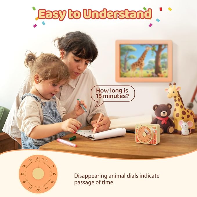 VOCOO Kids Visual Timer for Classroom - 60-Minute Countdown for Kitchen Cooking Office, Strong Magnet, Silent Time Management Tool, 2 AAA Batteries Included, Cute Animal Pattern (Orange)