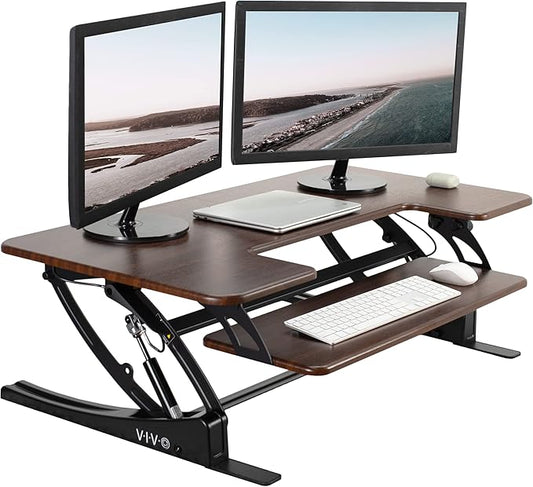 VIVO 42 inch Height Adjustable Stand Up Desk Converter, V Series, Quick Sit to Stand Tabletop Dual Monitor Riser Workstation, Dark Walnut Top, Black Frame, DESK-V000VLD