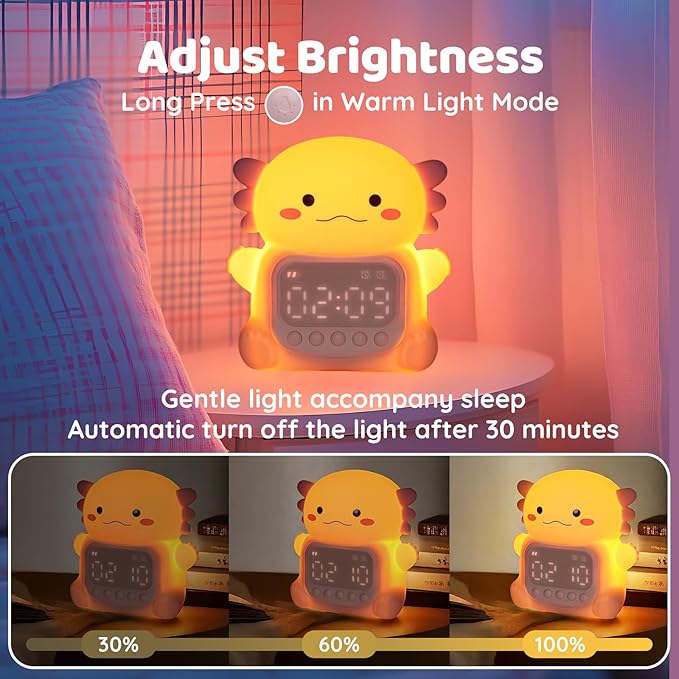 Axolotl Alarm Clock with Night Light for Kids, Rechargeable Silicone Lamp Time to Wake Clock,Cute Animal Tabletop Lamp, Perfect Sleep Companion for Boys Girls