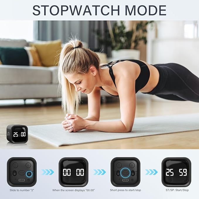 Rotating Pomodoro Timer 5, 25, 10 50 Minutes Preset, Desk Productivity Timer w/Gra vity Sensor, ADHD Tool Cube Countdown, Custom Modes, for Work, Study, Back to School, Kitchen, Black, 2 Pack