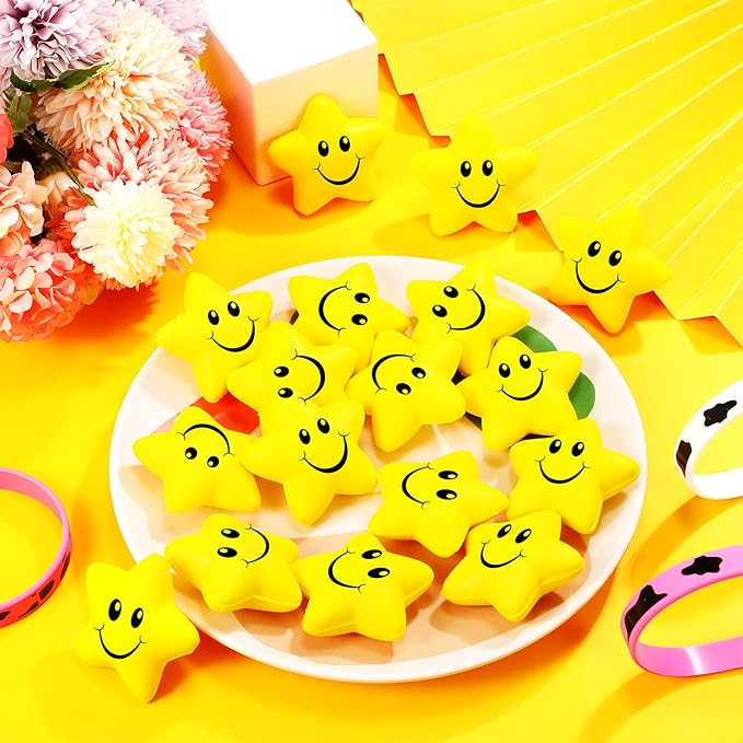 Kasyat 48 Pieces Star Stress Balls Bulk for Kids Mini Smile Face Stress Balls Relief Toys for School Carnival Reward Student Prizes Party Favors Hand Exercise(Yellow)